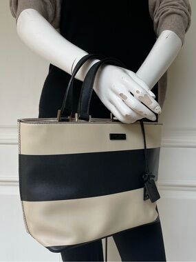 Kate Spade Cameron St. Colour Block Satchel Black Cream Crossgrain Leather Tote